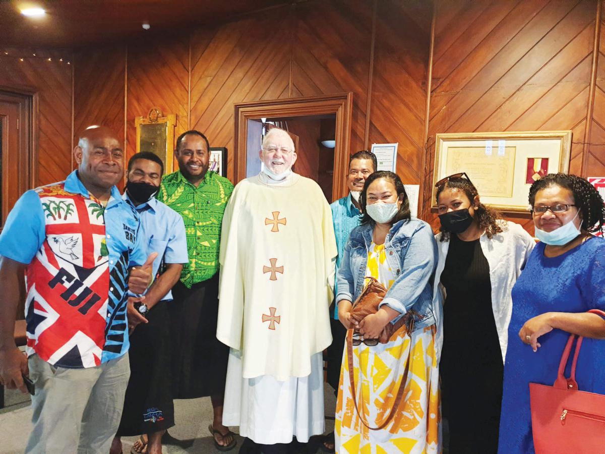 Columban Fr Tom Rouse joins parishioners after Sunday Mass in New Zealand. - Photo:St Columbans Mission Society