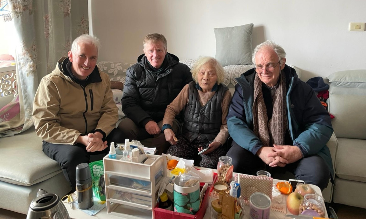 (L-R) Columban Frs Dan Troy, Kevin O’Neill and a visiting French priest, enjoy afternoon tea at the home of 91 year old, Dr Theresa Deng. 
