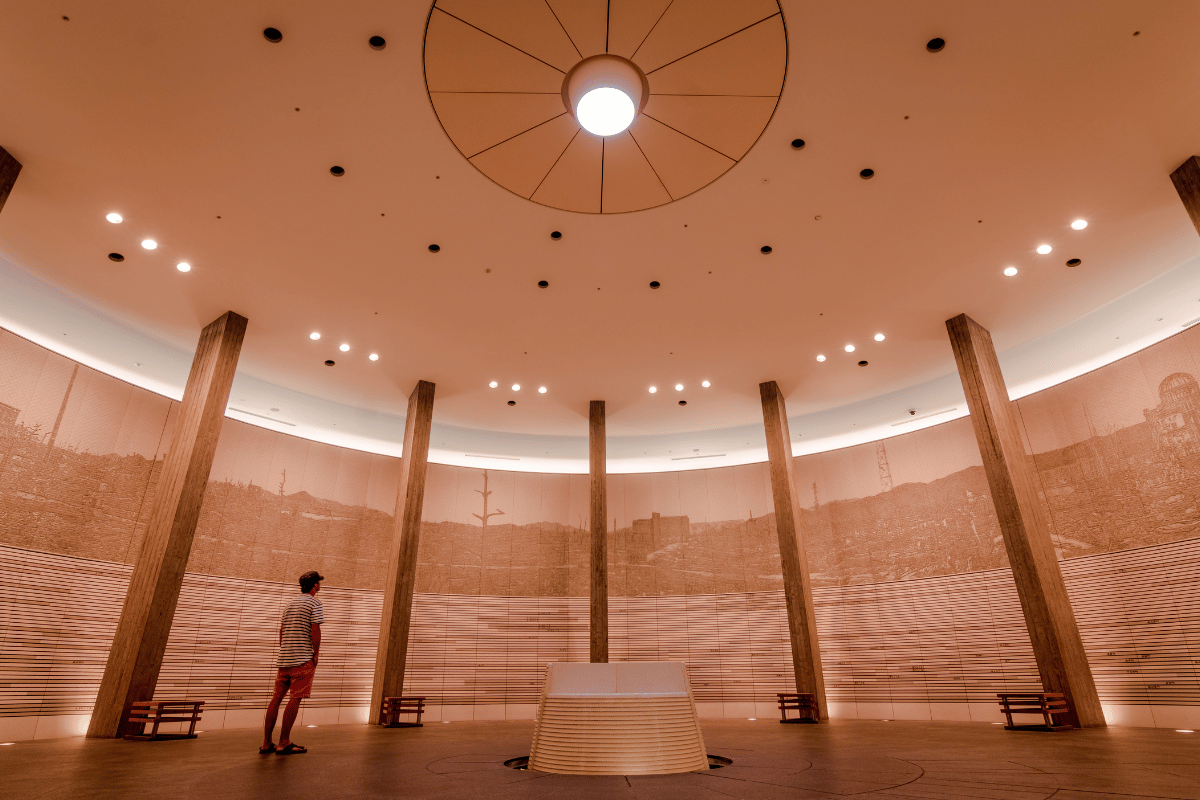 Man standing in Hiroshima and Nagasaki Atomic Bomb Museum